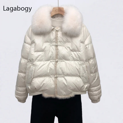 Lagabogy 2024Real Fox Fur Collar Winter Women 90%White Duck Down Jacket Ladies Short Warm Puffer Coat Female Loose Vintage Parka