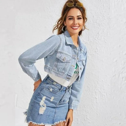 2021 European And American New Autumn Winter Ladies Loose Fashion Female Lapel Single-Breasted Short Denim Jacket Denim Women
