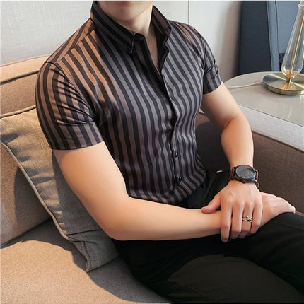 2021 Summer Men Short Sleeve Striped Shirts High Quality Male Luxury Business Casual Formal Dress Shirts Slim Streetwear Blouse