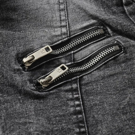 New Motorcycle Denim Jacket Men Retro Zippers Stand Collar Denim Coats Mens Cotton Slim Fit Denim Jacket Moto Biker Outerwear