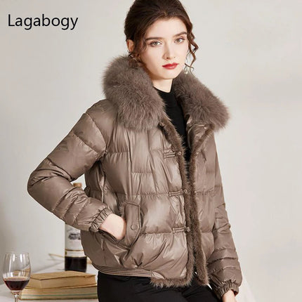 Lagabogy 2024Real Fox Fur Collar Winter Women 90%White Duck Down Jacket Ladies Short Warm Puffer Coat Female Loose Vintage Parka
