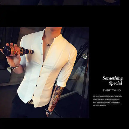 2024 Summer Fashion Stand Collar Chinese Style Shirt Men Solid Color Slim Fit Half Sleeve Dress Shirts Designer Club Prom Shirt