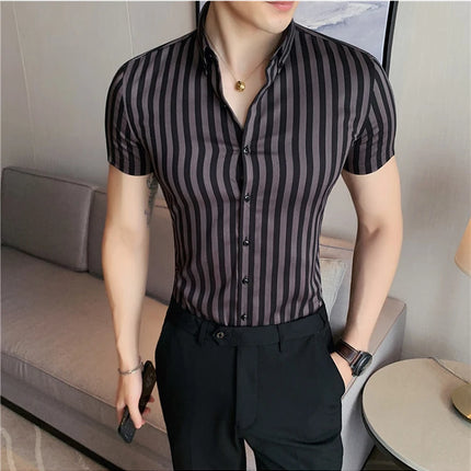 2021 Summer Men Short Sleeve Striped Shirts High Quality Male Luxury Business Casual Formal Dress Shirts Slim Streetwear Blouse