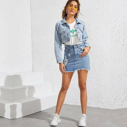 2021 European And American New Autumn Winter Ladies Loose Fashion Female Lapel Single-Breasted Short Denim Jacket Denim Women