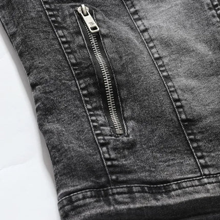 New Motorcycle Denim Jacket Men Retro Zippers Stand Collar Denim Coats Mens Cotton Slim Fit Denim Jacket Moto Biker Outerwear