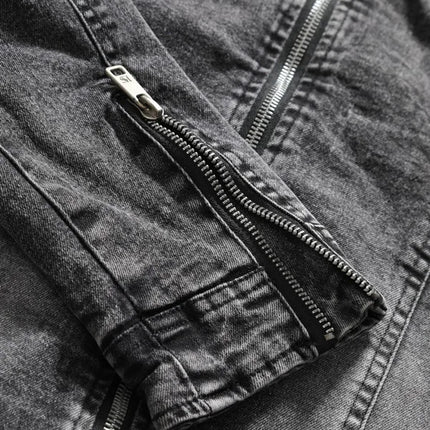 New Motorcycle Denim Jacket Men Retro Zippers Stand Collar Denim Coats Mens Cotton Slim Fit Denim Jacket Moto Biker Outerwear