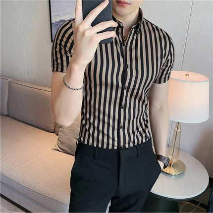 2021 Summer Men Short Sleeve Striped Shirts High Quality Male Luxury Business Casual Formal Dress Shirts Slim Streetwear Blouse