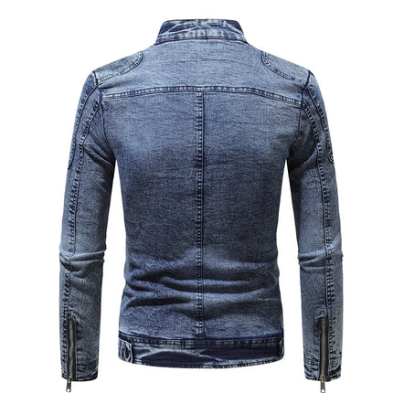 New Motorcycle Denim Jacket Men Retro Zippers Stand Collar Denim Coats Mens Cotton Slim Fit Denim Jacket Moto Biker Outerwear