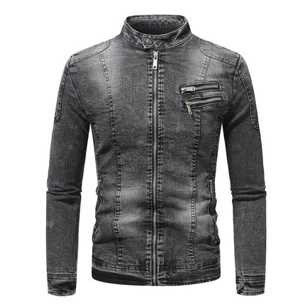 New Motorcycle Denim Jacket Men Retro Zippers Stand Collar Denim Coats Mens Cotton Slim Fit Denim Jacket Moto Biker Outerwear