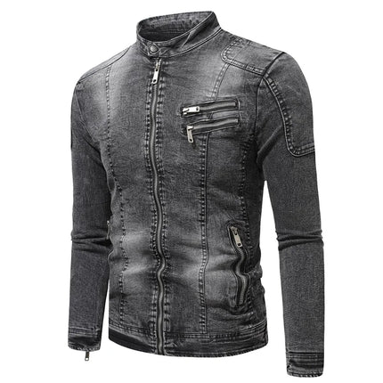 New Motorcycle Denim Jacket Men Retro Zippers Stand Collar Denim Coats Mens Cotton Slim Fit Denim Jacket Moto Biker Outerwear