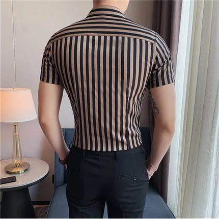 2021 Summer Men Short Sleeve Striped Shirts High Quality Male Luxury Business Casual Formal Dress Shirts Slim Streetwear Blouse