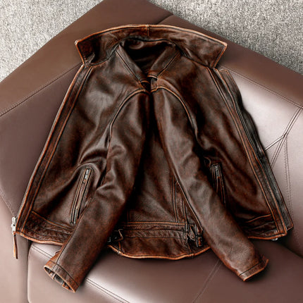 2023New Men Leather  Jacket  Swallow Tailed Vintage Motorcycle Top Cowhide Coat  Male Biker Clothing