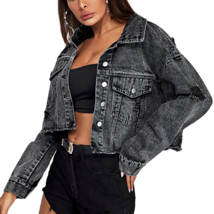 2021 European And American New Autumn Winter Ladies Loose Fashion Female Lapel Single-Breasted Short Denim Jacket Denim Women