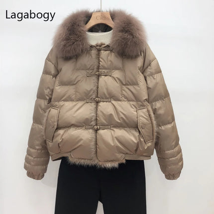 Lagabogy 2024Real Fox Fur Collar Winter Women 90%White Duck Down Jacket Ladies Short Warm Puffer Coat Female Loose Vintage Parka