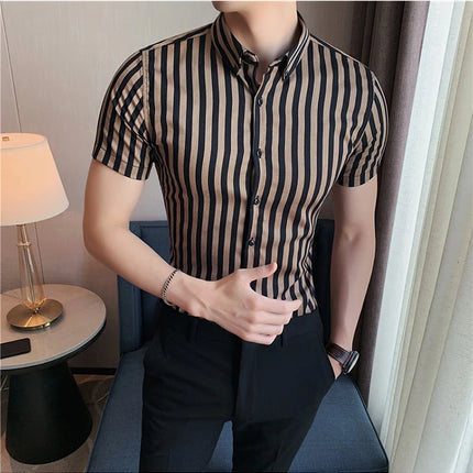 2021 Summer Men Short Sleeve Striped Shirts High Quality Male Luxury Business Casual Formal Dress Shirts Slim Streetwear Blouse