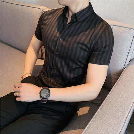 2021 Summer Men Short Sleeve Striped Shirts High Quality Male Luxury Business Casual Formal Dress Shirts Slim Streetwear Blouse