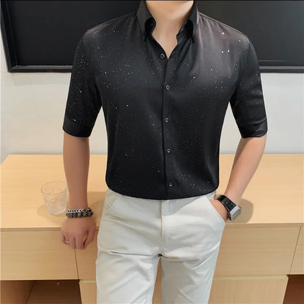 Summer New Powder Shiny Shirts Fashion Men's V-neck Half Sleeve Slim Fit Casual Shirts Social Personality  Top Club Outfits