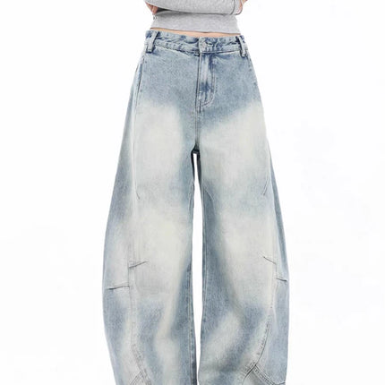 Summer Women's Light Blue Curved Wide Legs Baggy Jeans Vintage Trousers Cool Girl Bottoms Female High Waist Denim Pants