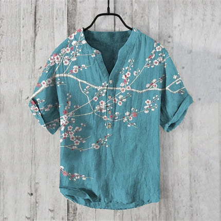 New pine tree landscape 3D printing stand collar short sleeve shirt foreign trade fashion casual loose bamboo fiber linen shirt