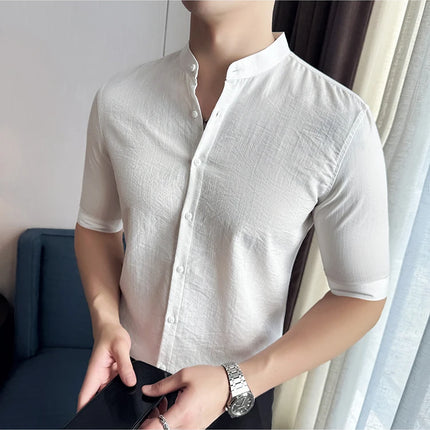 2024 Summer New Chinese Style Linen Shirts Men's Half sleeve Stand-Up Collar Linen Cotton Business Casual Slim Versatile Shirts