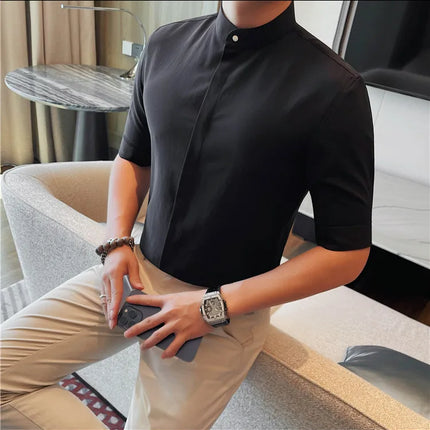 Summer New Standing Collar Half Sleeve Shirts For Men Invisible Button Up Design Slim Casual Business Social Shirt Club Outfits