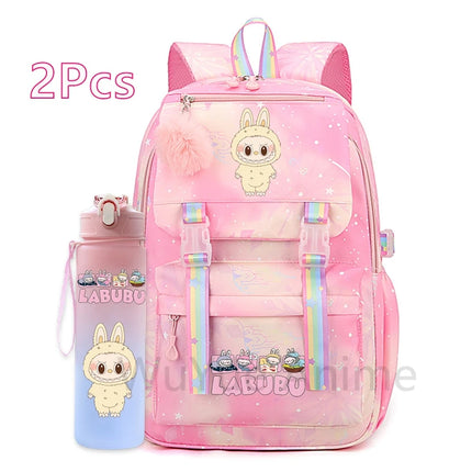 2Pcs/set Cute Cartoon Backpack with 750Ml Outdoor Sports Water Bottle Student Girl Boy Schoolbag Large Capacity Travel Bag Gift