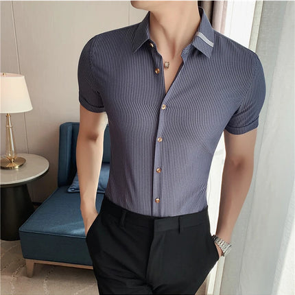 Summer High Quality Striped Ribbon Short Sleeve Shirt Men's Slim Fit Business Formal Wear Blouse Streetwear Plus Size 4XL-M