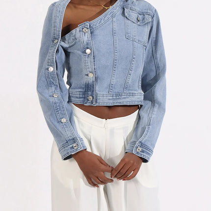 VGH Streetwear Spliced Button Chic Denim Jacket for Women Diagonal Collar Long Sleeve Patchwork Pockets Slim Short Coat Female