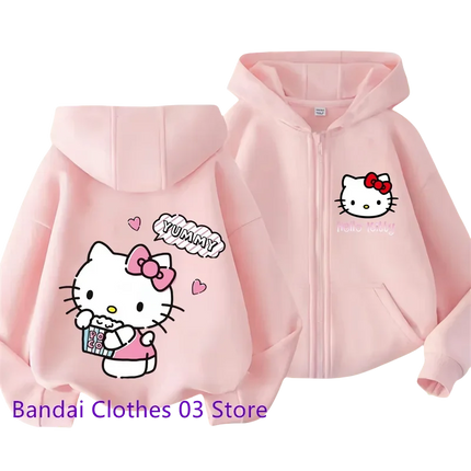 2024 Hello Kitty New Pin Zipper Hoodie Girls Sweatshirt Autumn/Winter Long Sleeve Jacket Harajuku Jumper Pin Casual Hoodie Top