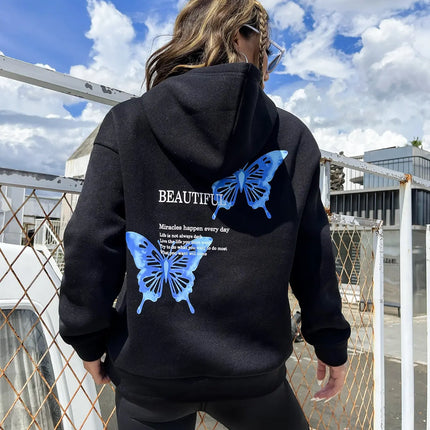 Blue Butterfly Art Letter Slogan Design Women Hoodie Comfortable Pullovers