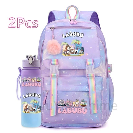 2Pcs/set Cute Cartoon Backpack with 750Ml Outdoor Sports Water Bottle Student Girl Boy Schoolbag Large Capacity Travel Bag Gift