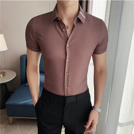 Summer High Quality Striped Ribbon Short Sleeve Shirt Men's Slim Fit Business Formal Wear Blouse Streetwear Plus Size 4XL-M