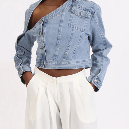 VGH Streetwear Spliced Button Chic Denim Jacket for Women Diagonal Collar Long Sleeve Patchwork Pockets Slim Short Coat Female
