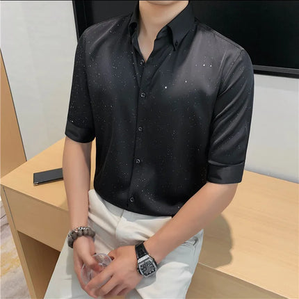 Summer New Powder Shiny Shirts Fashion Men's V-neck Half Sleeve Slim Fit Casual Shirts Social Personality  Top Club Outfits