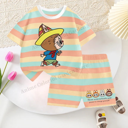 2pcs Labubu T-shirts Shorts Set for Children Pop Mart Fashion Striped Short Sleeved Shorts Suit Boys Girls Summer Clothes Suits