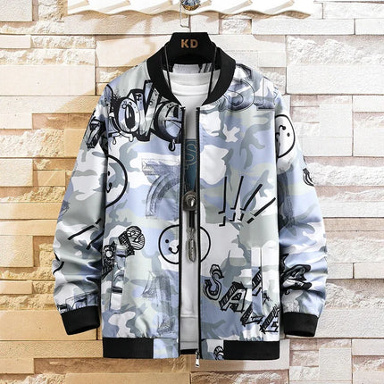 White Men's Embroidered Long Sleeve Jacket, Baseball Collar Casual Coat, Asian Size Black Blue Red Outerwear M-5XL
