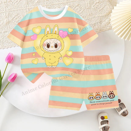 2pcs Labubu T-shirts Shorts Set for Children Pop Mart Fashion Striped Short Sleeved Shorts Suit Boys Girls Summer Clothes Suits