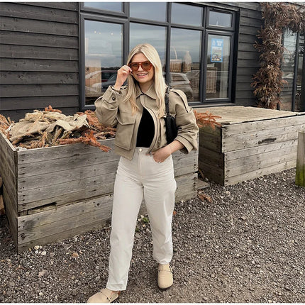 Vintage Women's Short Jacket Pockets Zipper Full Sleeve Khaki Green Thick Coats 2025 Spring Autumn Lady Loose Street Outwear