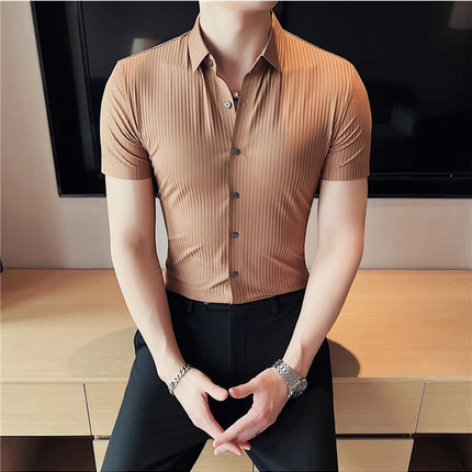 2024 Summer High Elasticity Seamless Short Sleeve Shirts Fashion Stripes Men Business Formal Wear Slim Fit Casual Dress Shirt