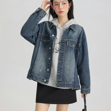 Women Retro Washed Denim Jacket Spring 2025 Oversized Drop Shoulder Loose Fit Casual Fashionable Lapel Collar Chic Jean Coat