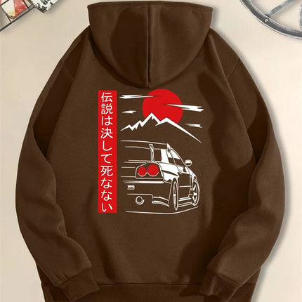 Men's Casual Hoodie with Japanese Sports Car Sunset Pattern – Autumn and Winter Geometric Pattern Printed Sweatshirt