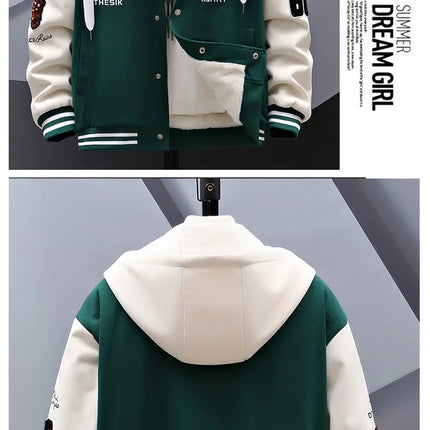 New 2024 Autumn Winter Men's Hooded Fleece Baseball Jackets Casual Warm Plush Coat Youth Streetwear Windproof Thick Padded Parka