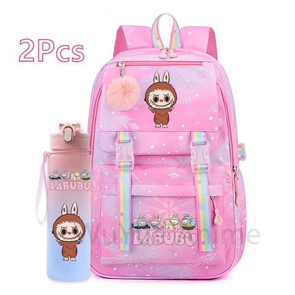 2Pcs/set Cute Cartoon Backpack with 750Ml Outdoor Sports Water Bottle Student Girl Boy Schoolbag Large Capacity Travel Bag Gift