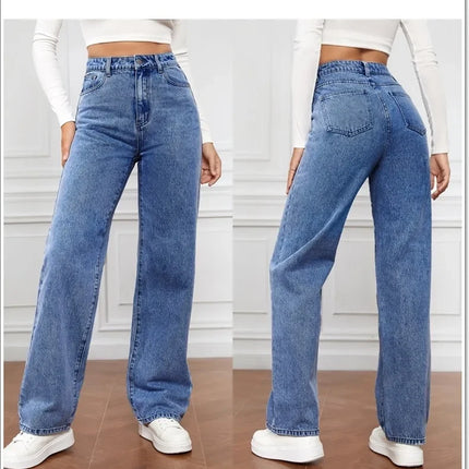 Denim Jeans Women Straight Pants Washing High Waist Loose Pockets Basics Ankle Length Y2k Blue Pants Streetwear Slight Strech