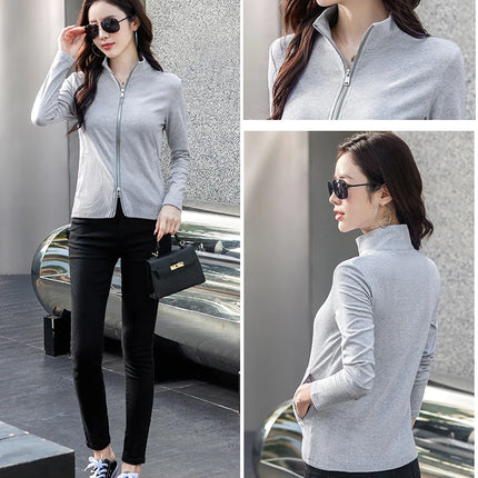 New Women's Zippered Stand Collar Jacket Slim Fit Long Sleeve Cotton Solid Color Casual Outerwear