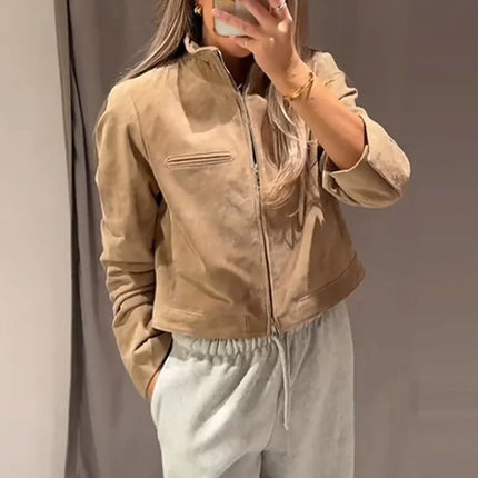 Suede Leather Short Jacket Coat Zipper Stand Collar Vintage Casual Motorcycle Jackets Baggy Front Shoulder Women Outwear Top New