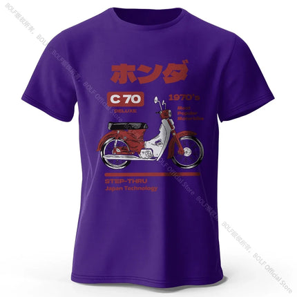 Japanese Retro Motorcycle Print 100% Cotton T-Shirt, Soft & Breathable Round Neck Short Sleeve Tee, Unisex Vintage Style
