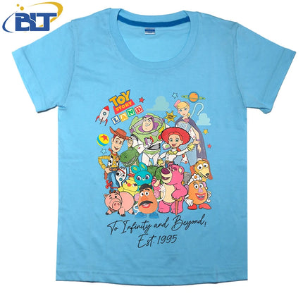 Disney Toy Story Land To Infinity and Beyond 1995 Printed Kids T-shirt Pure Cotton Short Sleeve Cartoon Top for Boys and Girls