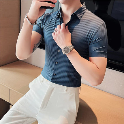 2024 Summer High Elasticity Seamless Short Sleeve Shirts Fashion Stripes Men Business Formal Wear Slim Fit Casual Dress Shirt