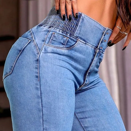 Spring Women Causal Jeans Back Shirred Button Front High Waist Jeans Denim Flare Pants